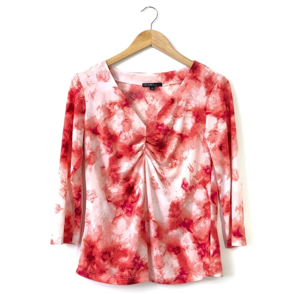 Studio by JPR Red White Acid Tie Dye 3/4 Sleeve V-Neck Blouse Summer Top S